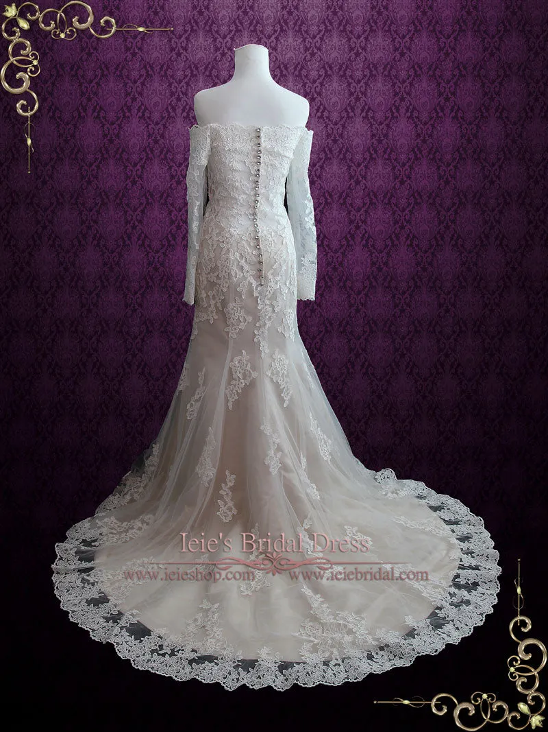 Ready to Wear Champagne Lace Mermaid Wedding Dress with Off Shoulder Sleeves MEG