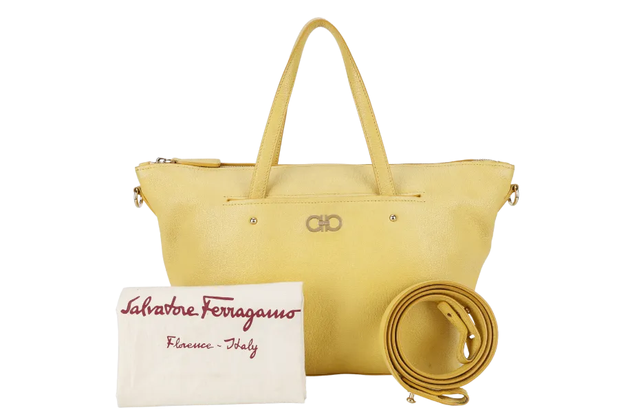 SALVATORE FERRAGAMO MIKA CONVERTIBLE TOTE BAG LARGE YELLOW LEATHER GOLD HARDWARE WITH DUST COVER