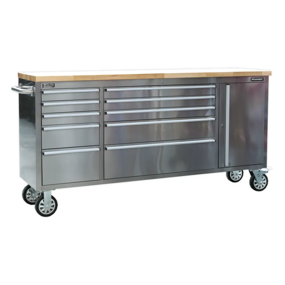 Sealey 10 Drawer Mobile Tool Cabinet with Ball Bearing Slides - Stainless Steel - A