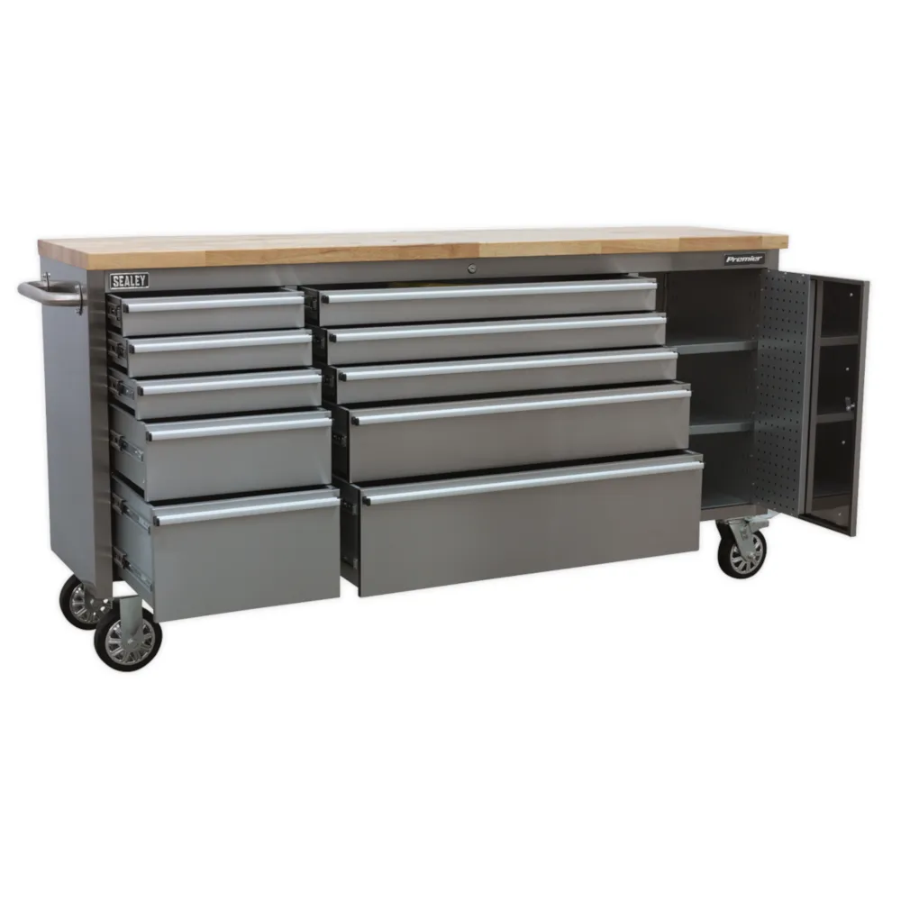 Sealey 10 Drawer Mobile Tool Cabinet with Ball Bearing Slides - Stainless Steel - A