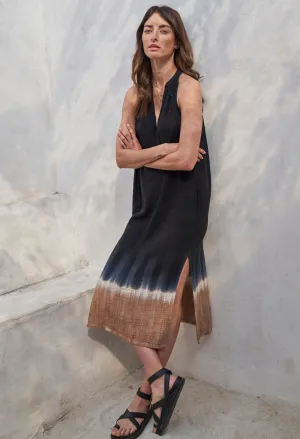 Sleeveless Black Sand Gauze Midi Dress with Pockets
