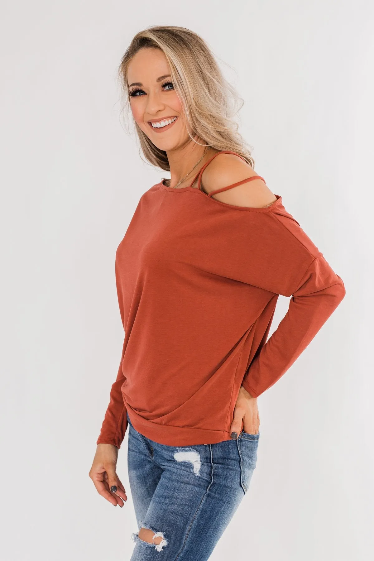 Something New Cold Shoulder Top- Soft Rust