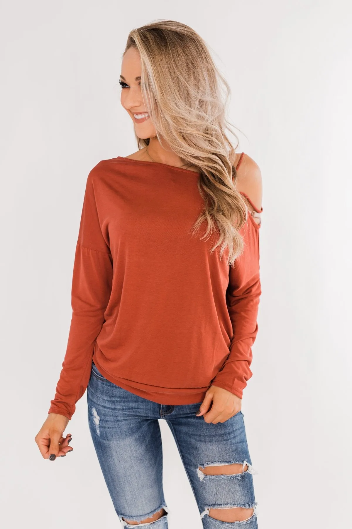 Something New Cold Shoulder Top- Soft Rust
