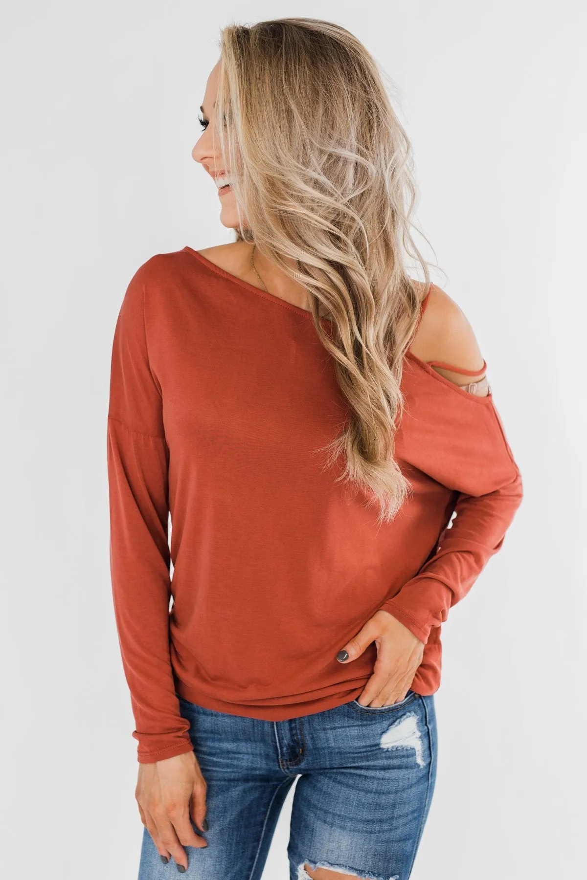 Something New Cold Shoulder Top- Soft Rust