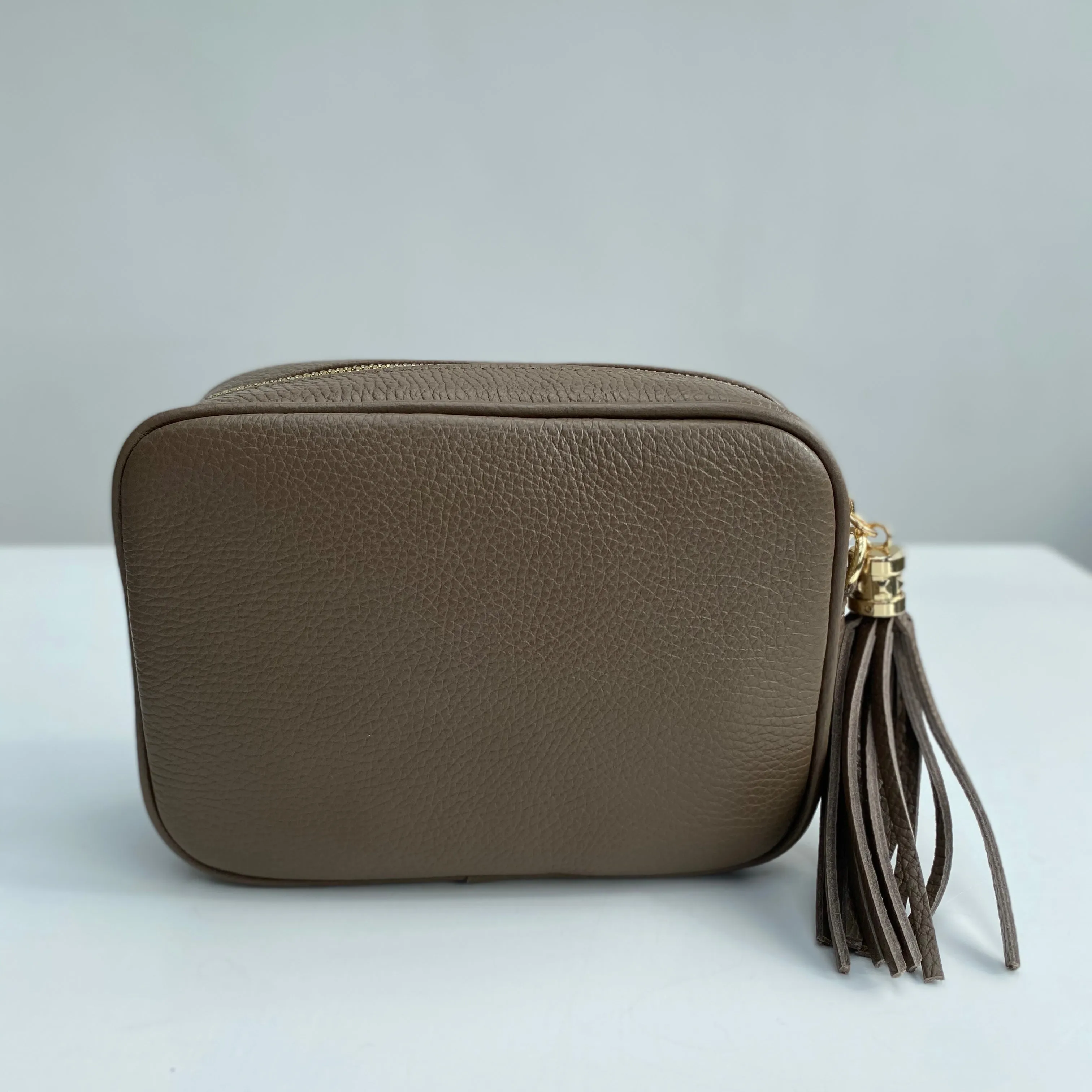 Taupe Leather Tassel Cross Body Bag
