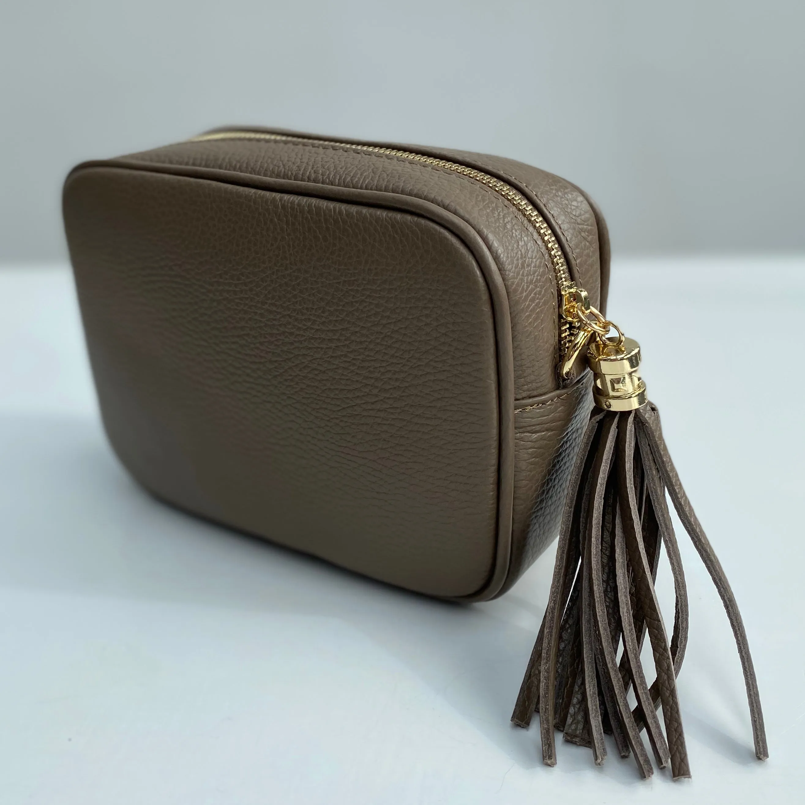 Taupe Leather Tassel Cross Body Bag