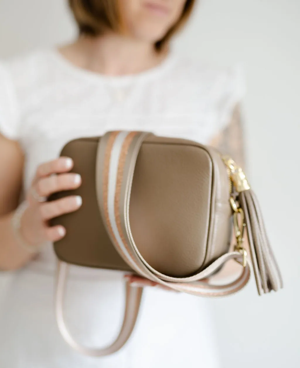 Taupe Leather Tassel Cross Body Bag
