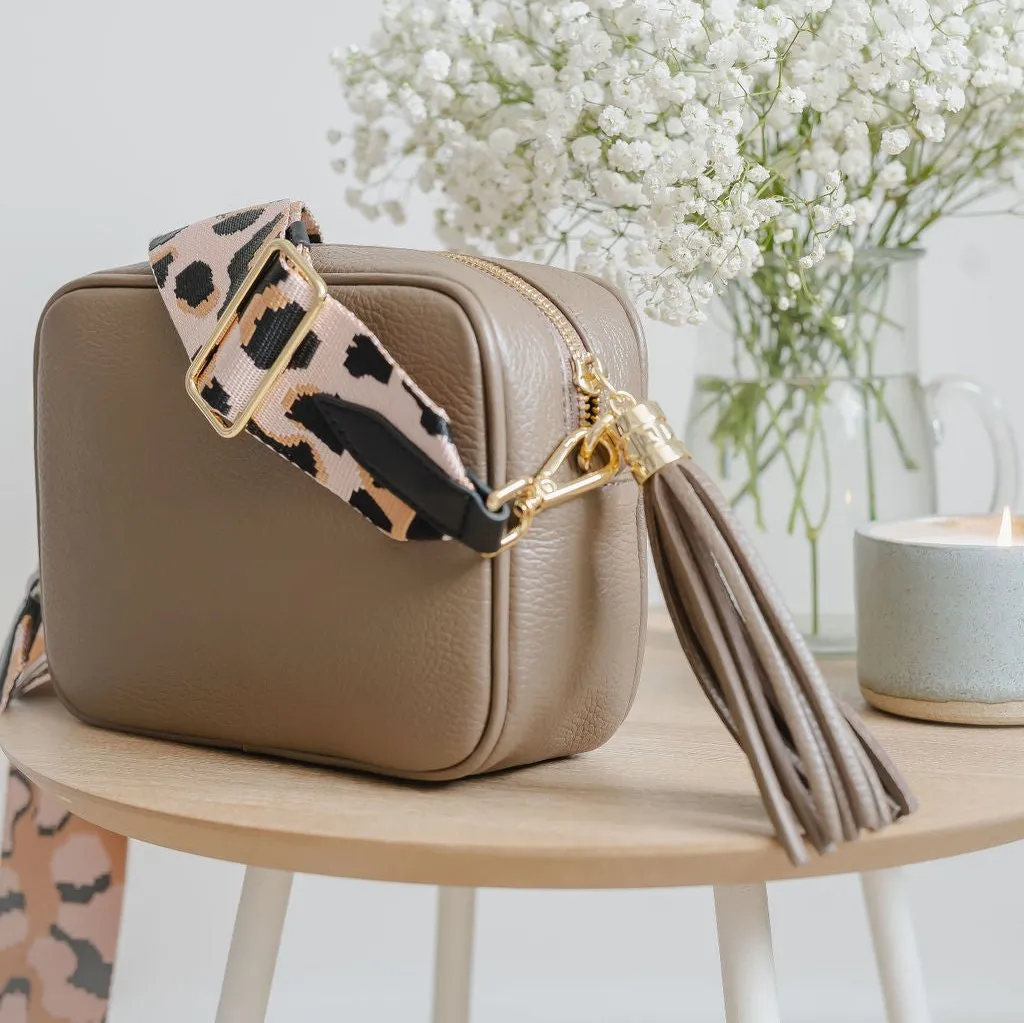 Taupe Leather Tassel Cross Body Bag