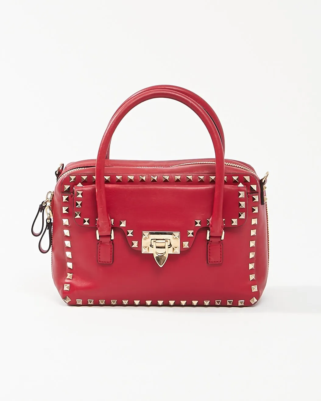 Valentino Red Leather Rockstud Top Handle Convertible Bag