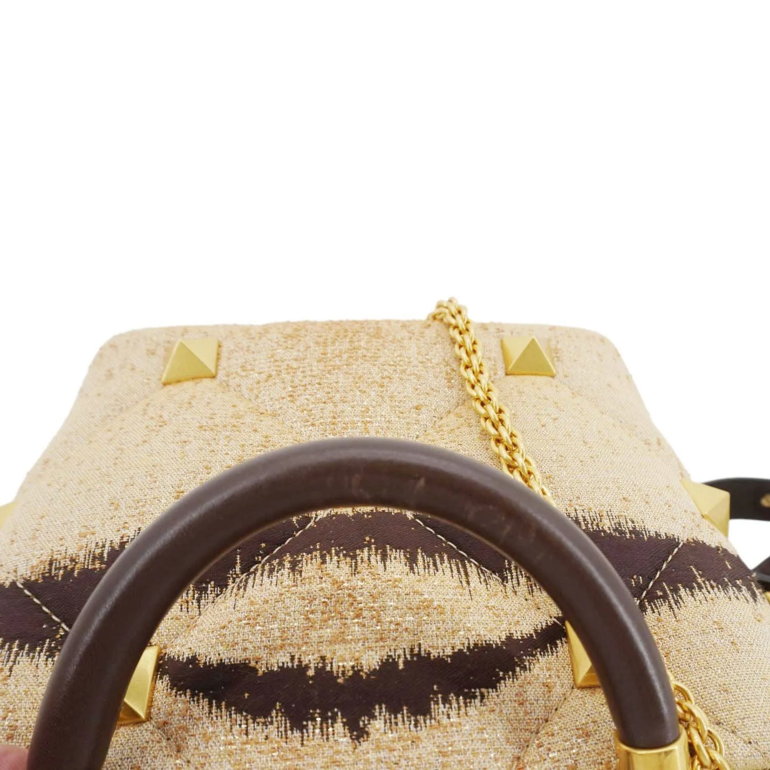 VALENTINO Roman Stud Vintage Tiger Print Top Handle Shoulder Bag Sand Gold