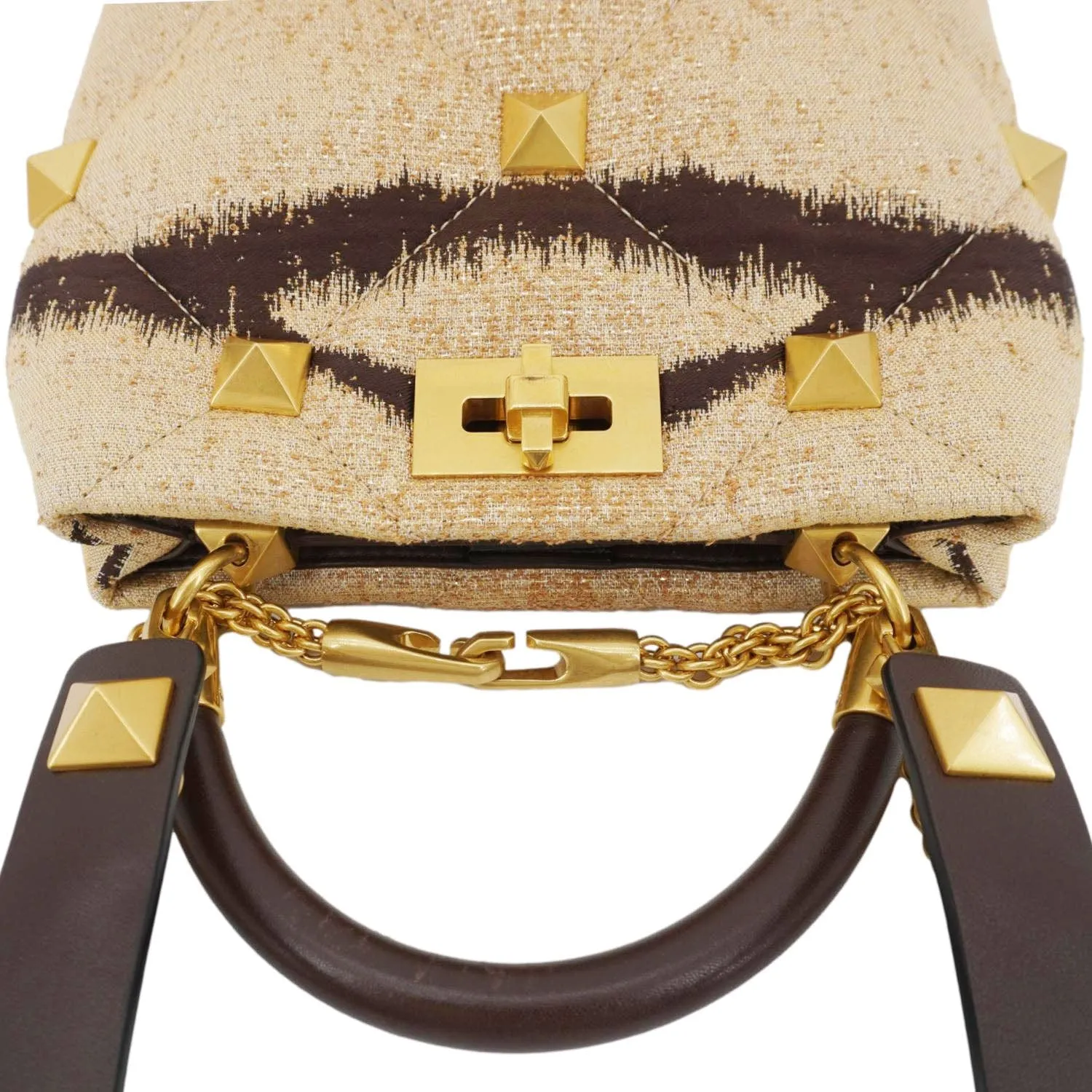 VALENTINO Roman Stud Vintage Tiger Print Top Handle Shoulder Bag Sand Gold