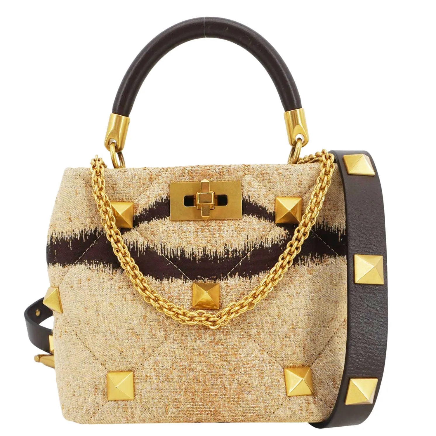 VALENTINO Roman Stud Vintage Tiger Print Top Handle Shoulder Bag Sand Gold