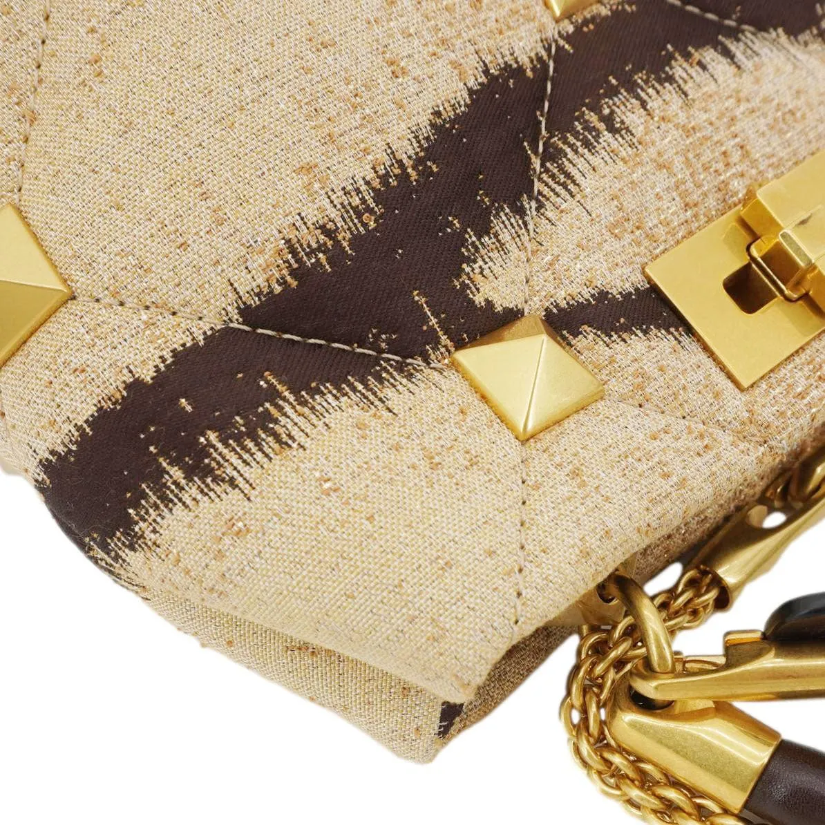 VALENTINO Roman Stud Vintage Tiger Print Top Handle Shoulder Bag Sand Gold
