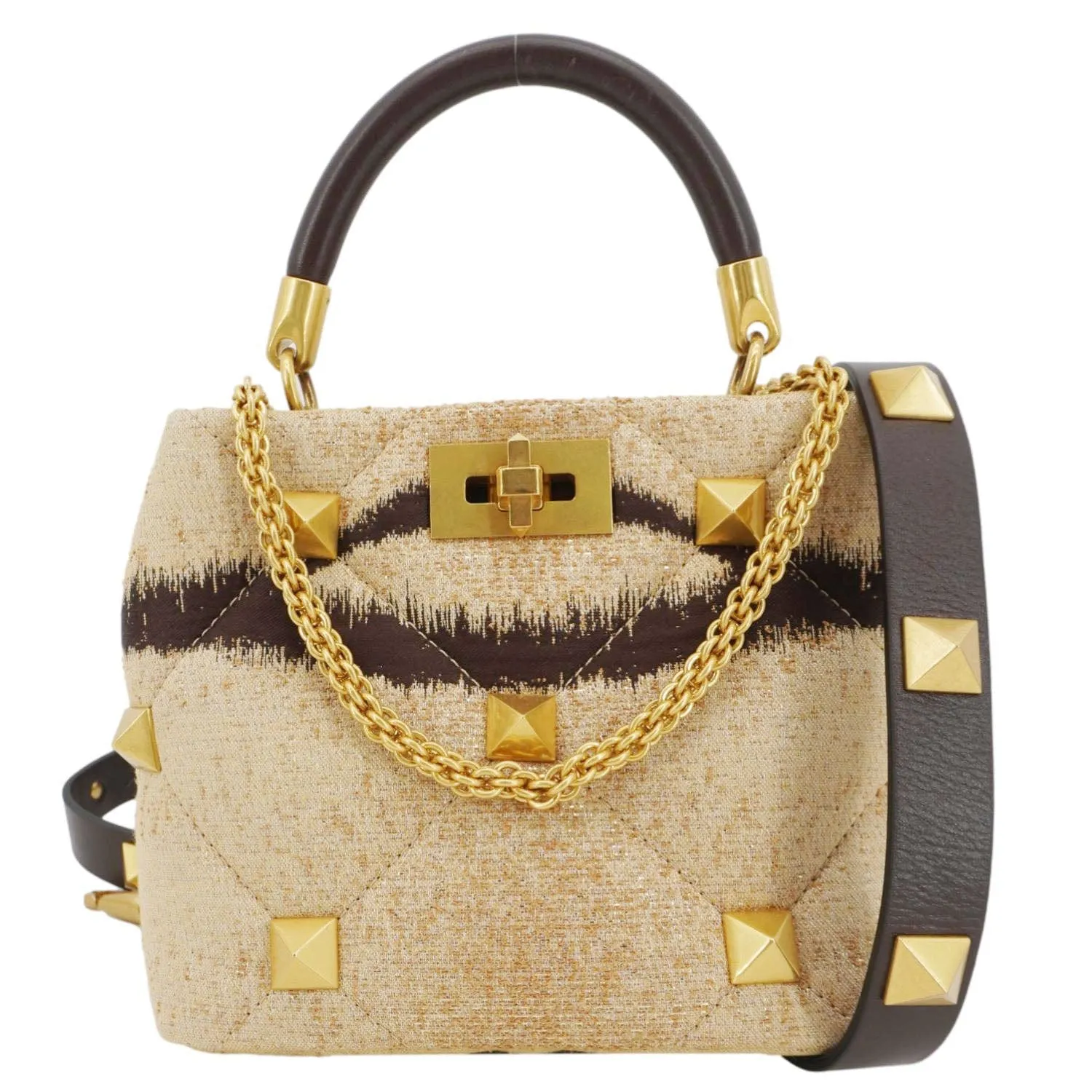 VALENTINO Roman Stud Vintage Tiger Print Top Handle Shoulder Bag Sand Gold