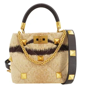 VALENTINO Roman Stud Vintage Tiger Print Top Handle Shoulder Bag Sand Gold