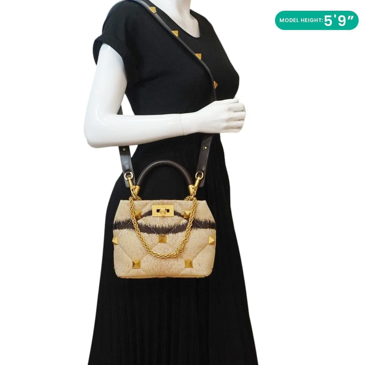 VALENTINO Roman Stud Vintage Tiger Print Top Handle Shoulder Bag Sand Gold