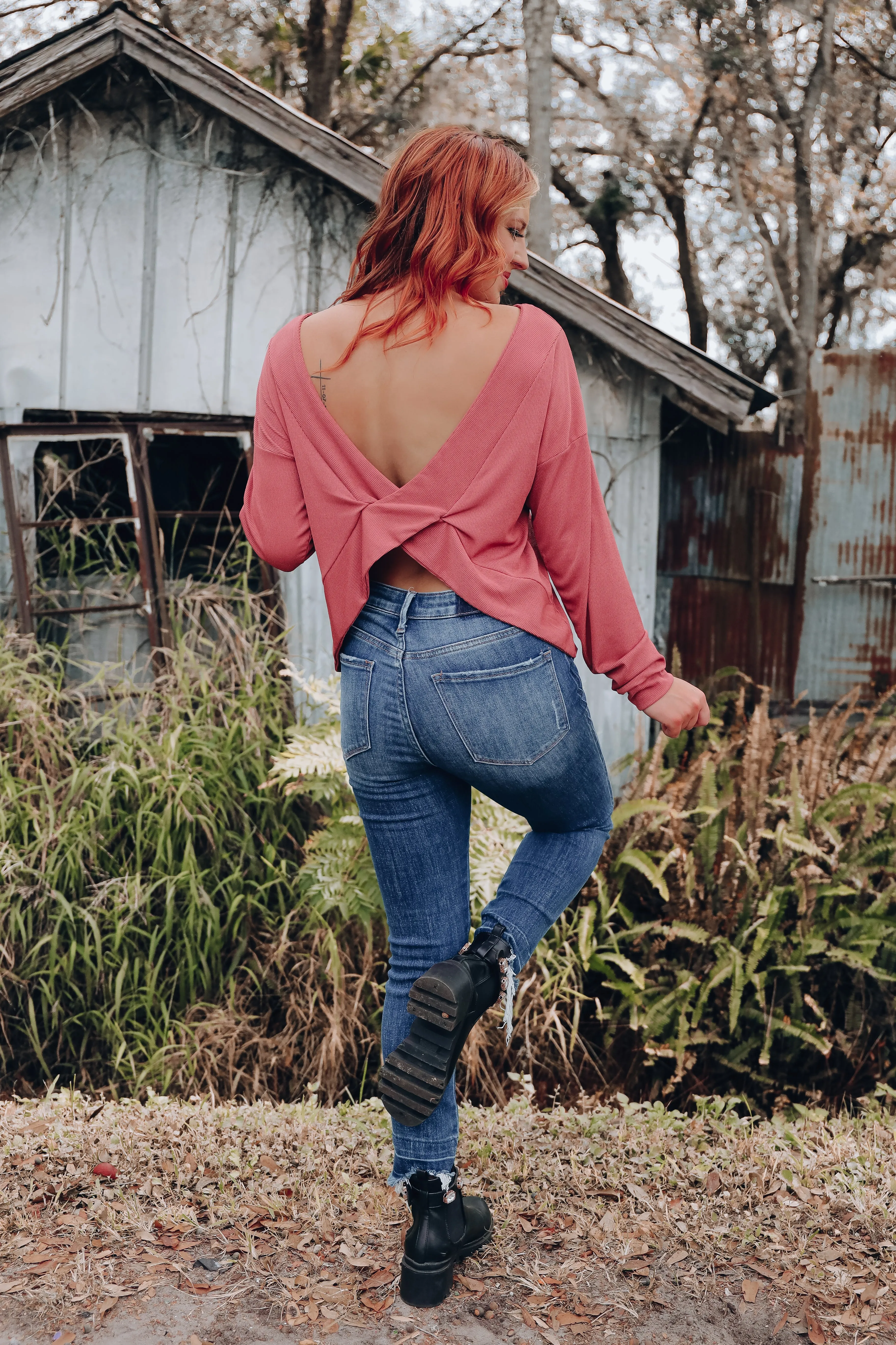 Vanessa Cross Back Long Sleeve Top - Mauve