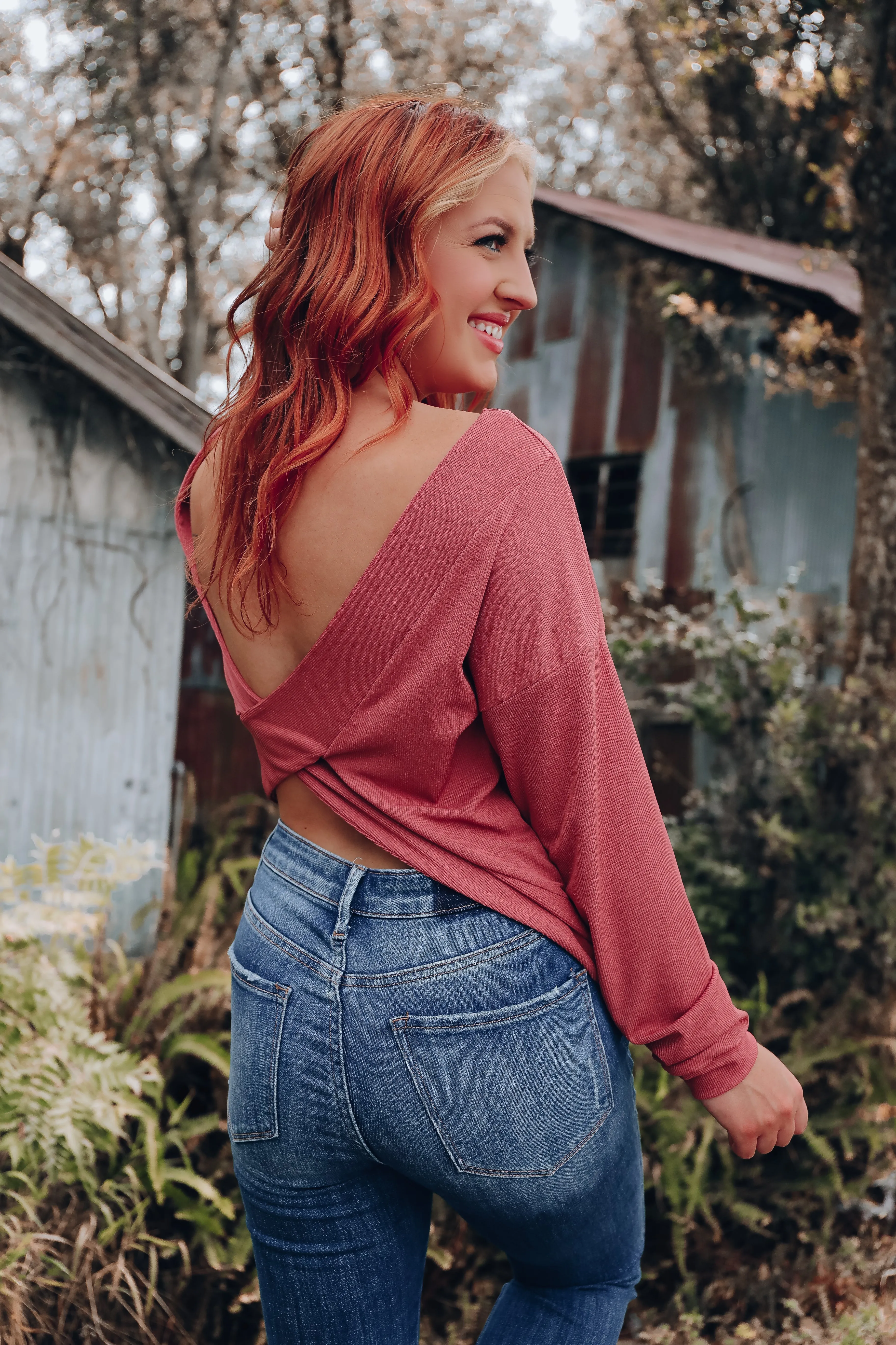 Vanessa Cross Back Long Sleeve Top - Mauve