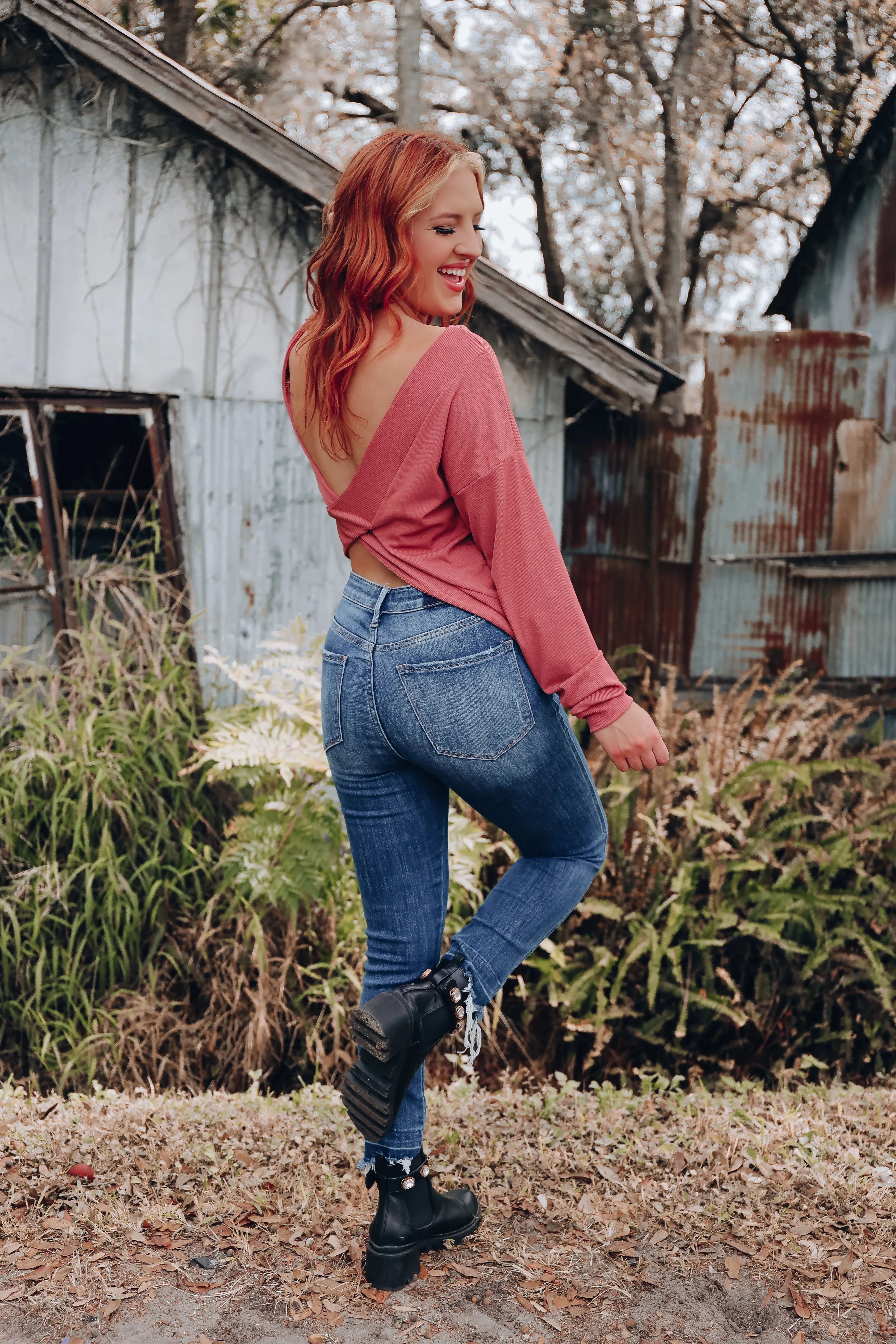 Vanessa Cross Back Long Sleeve Top - Mauve