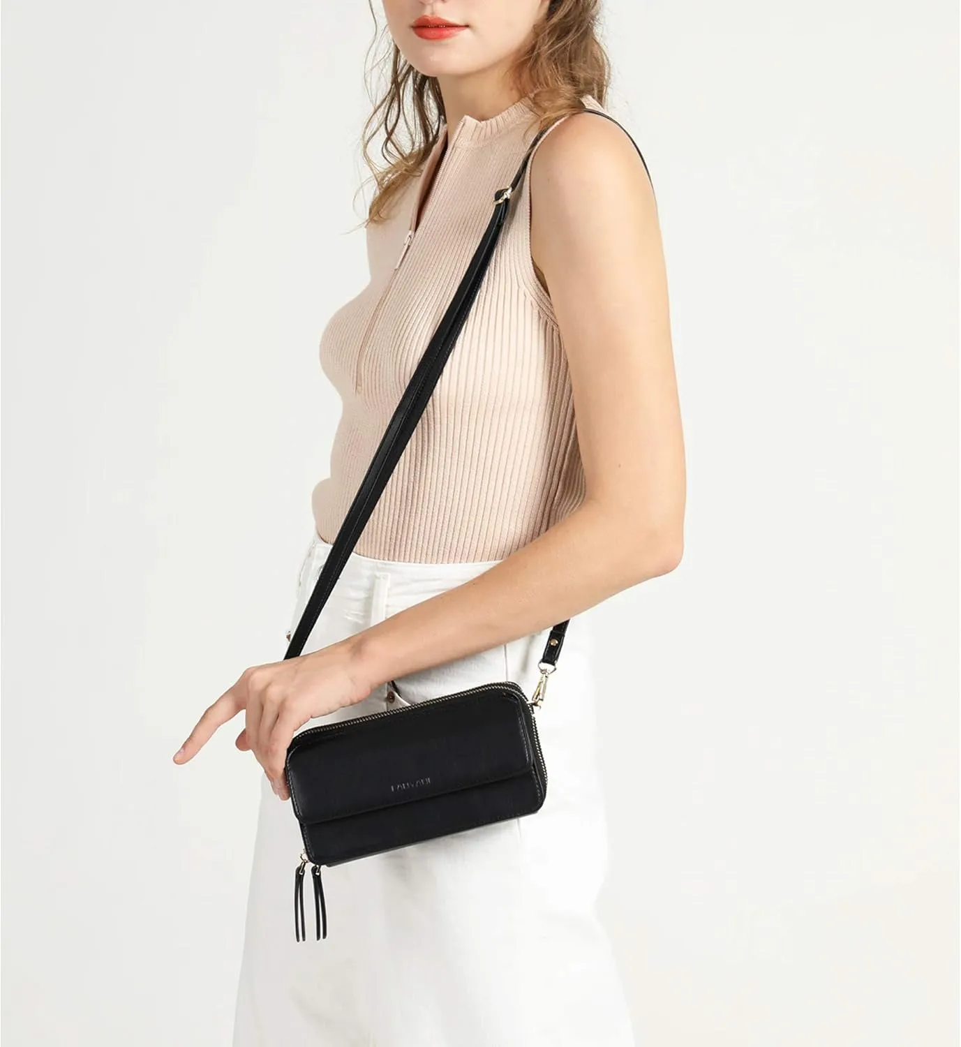 Vegan Leather Crossbody Wallet for Women, Double Zip Wristlet Clutch