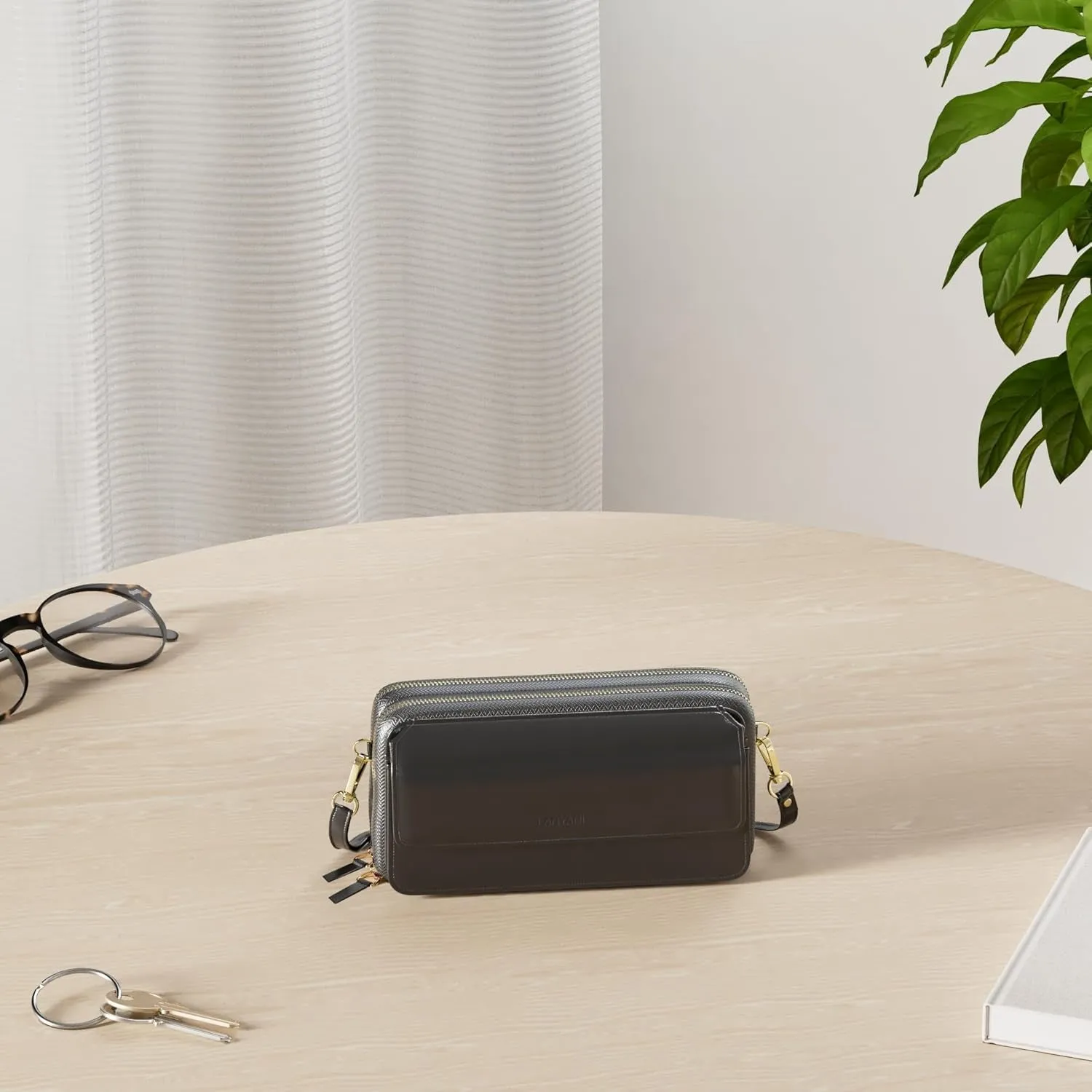 Vegan Leather Crossbody Wallet for Women, Double Zip Wristlet Clutch