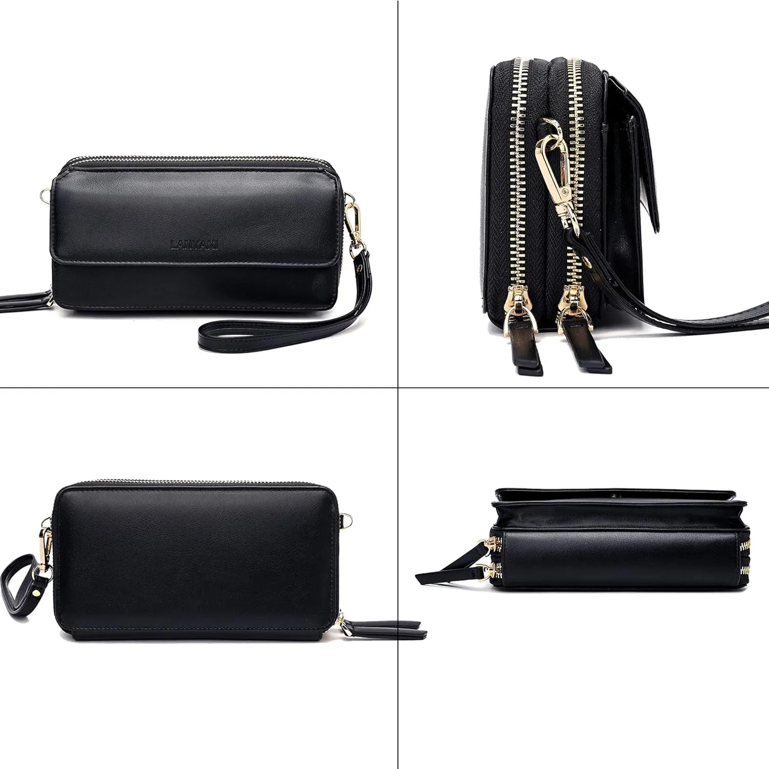 Vegan Leather Crossbody Wallet for Women, Double Zip Wristlet Clutch