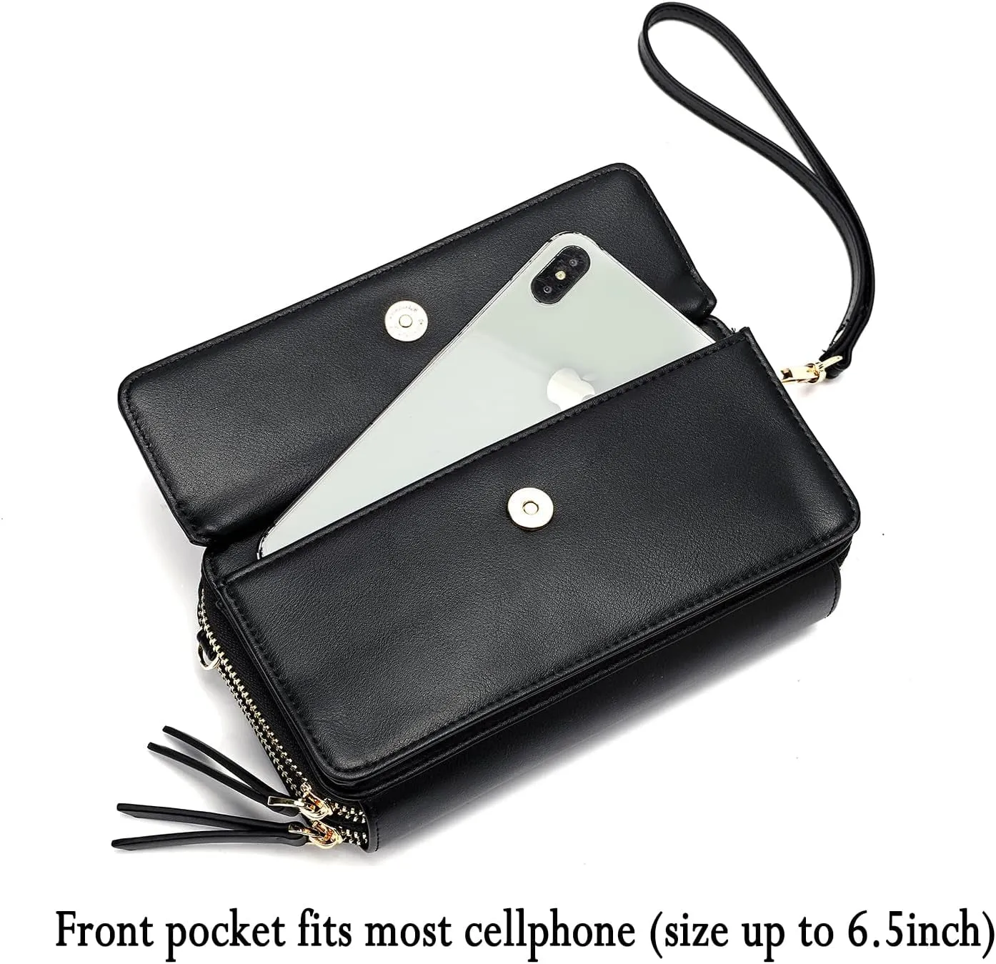 Vegan Leather Crossbody Wallet for Women, Double Zip Wristlet Clutch