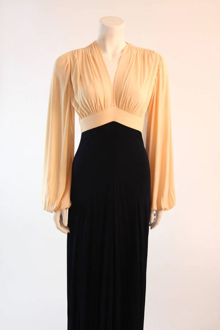 VICKY TIEL Bell Sleeve Cream and Navy Full Length Gown