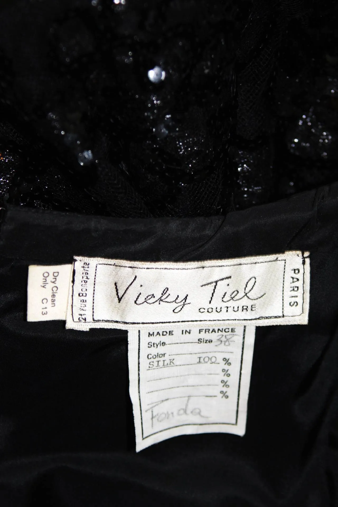 VICKY TIEL Black Sequin Lace Silk Cocktail Dress Size Small