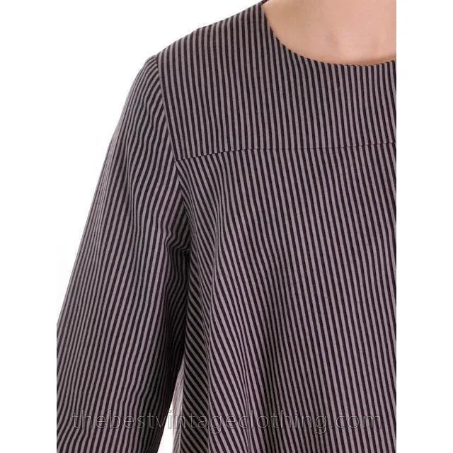 Vintage 1970s Vuokko Designer Black And Gray Stripes Print A Line Mini Dress Cotton XS
