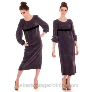 Vintage 1970s Vuokko Suomi Finland Designer Purple Velvet Mid Calf Length Dress S