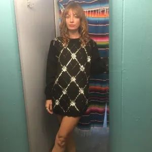 Vintage 80s 90s Afreld Dunner sequin bedazzled black pullover sweater tunic mini dress