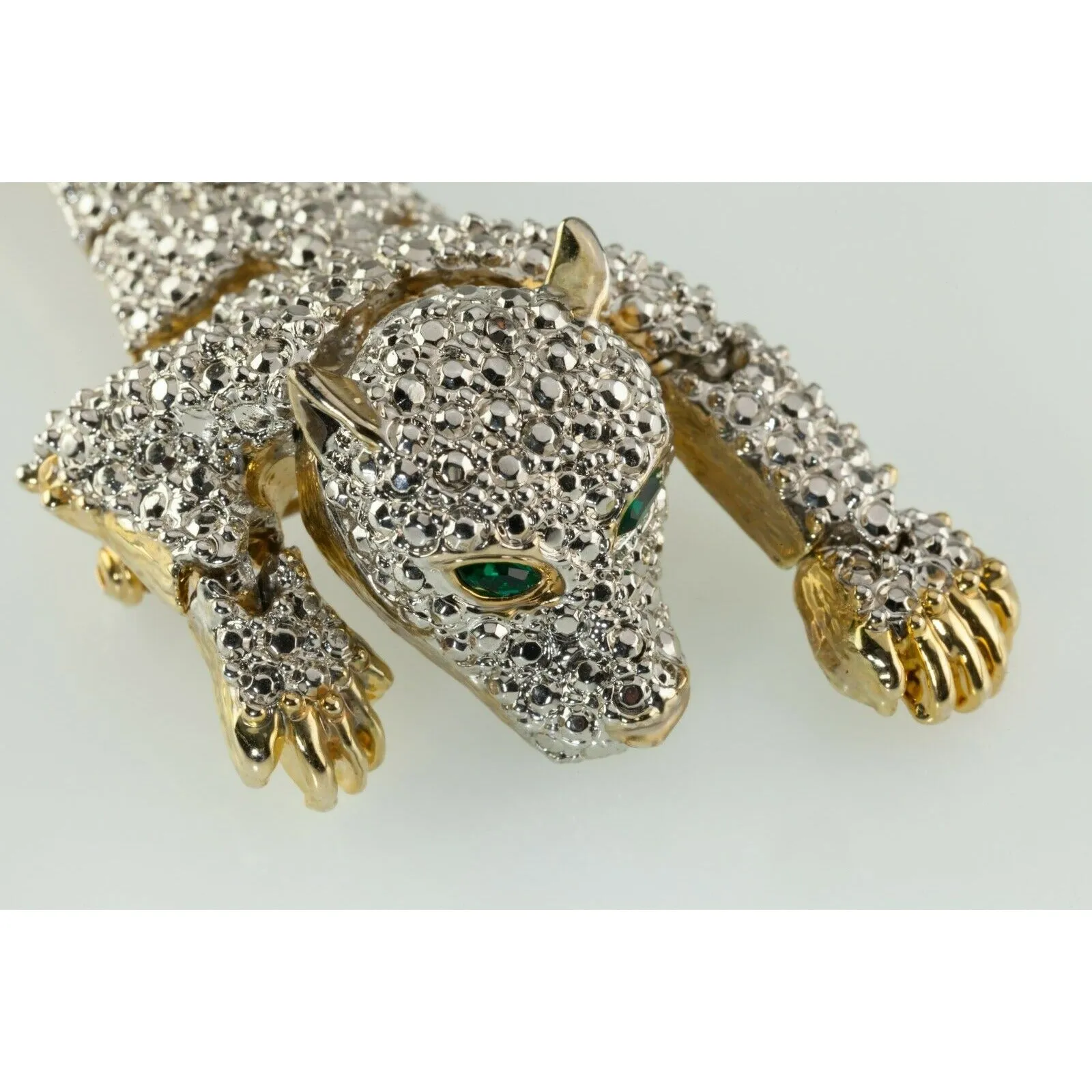 Vintage Articulating Costume Shoulder Brooch Panther Crystal 1980s