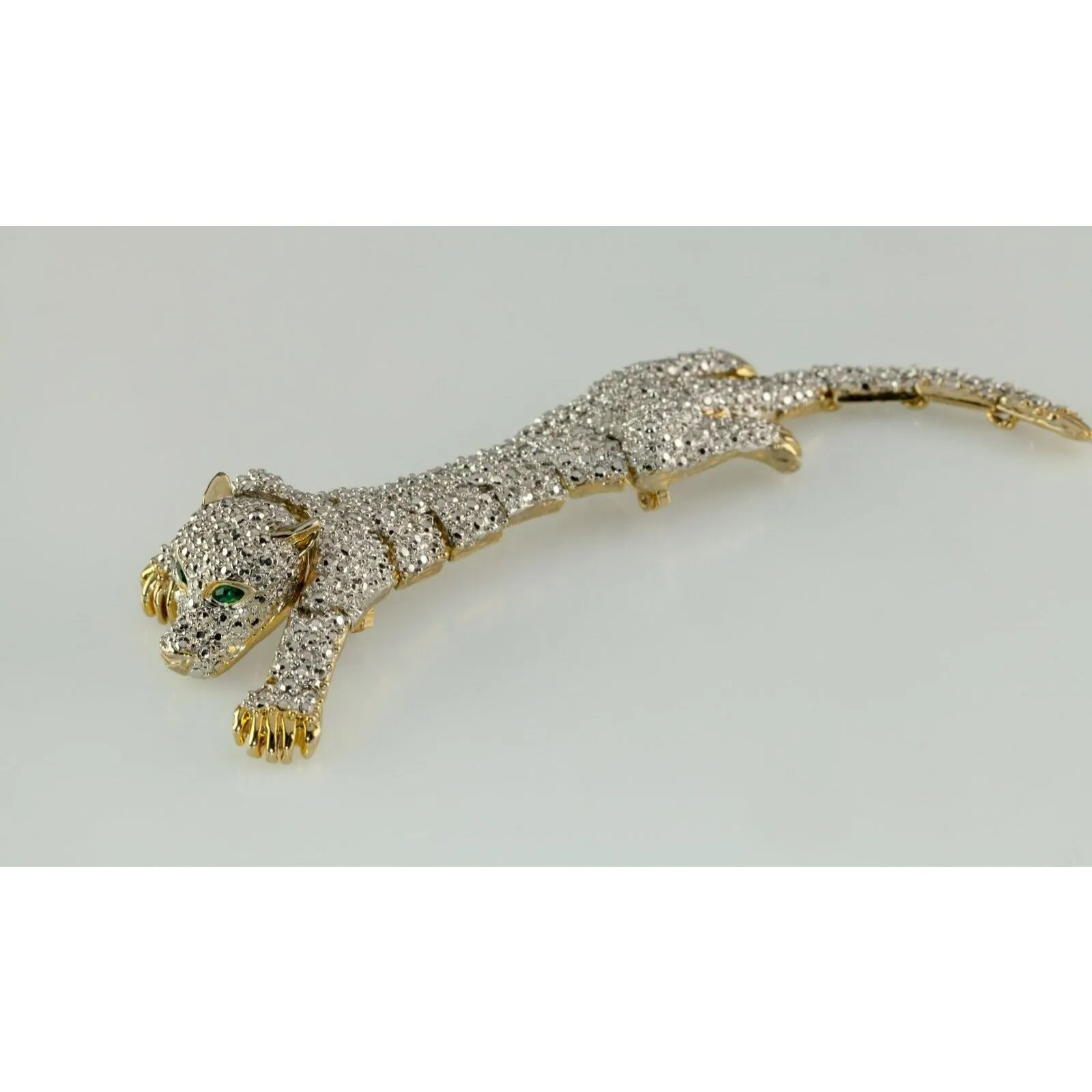 Vintage Articulating Costume Shoulder Brooch Panther Crystal 1980s