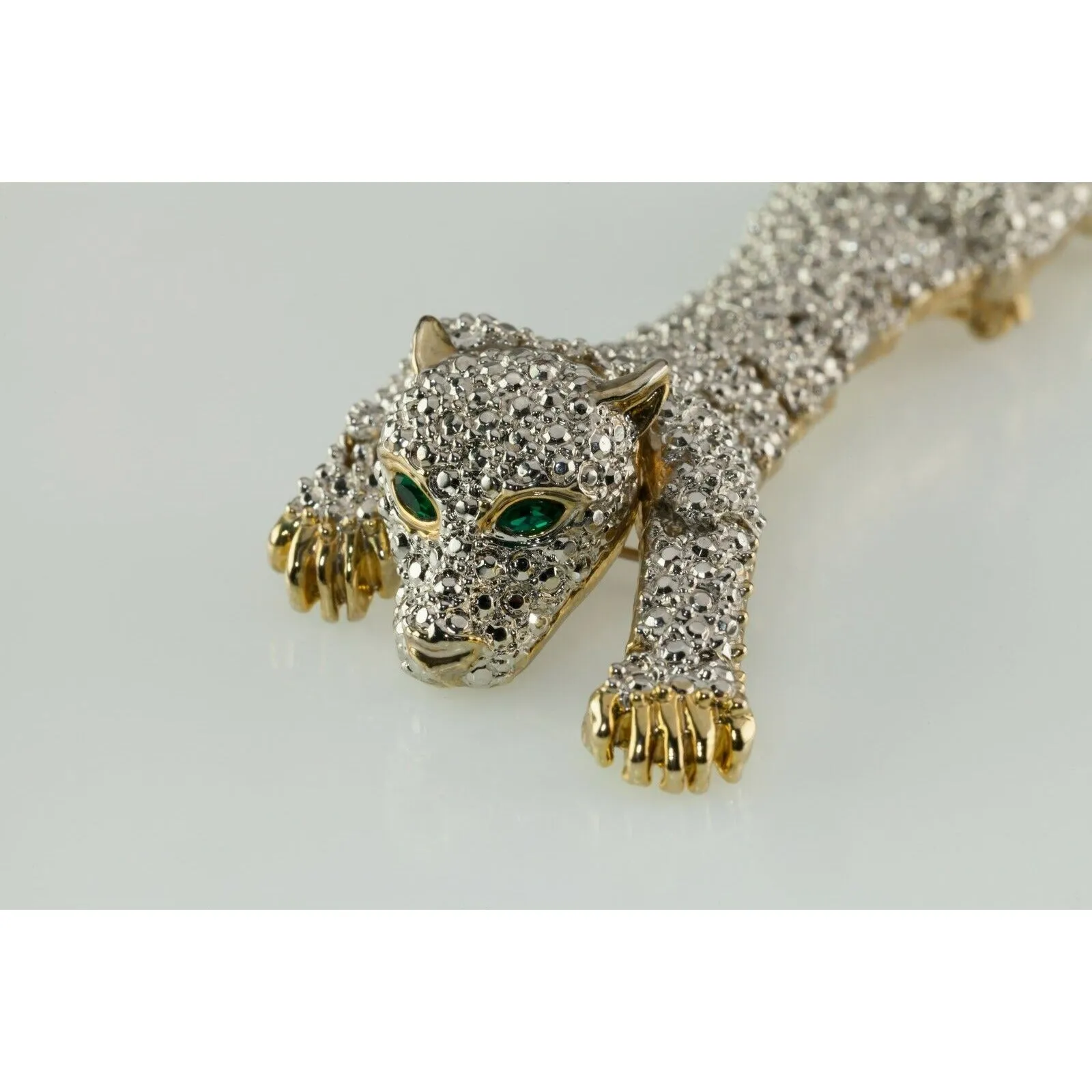 Vintage Articulating Costume Shoulder Brooch Panther Crystal 1980s