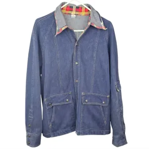 Vintage Blue Cotton Denim Plaid Flannel Trim Multi-Pocket Chore Jacket Size L