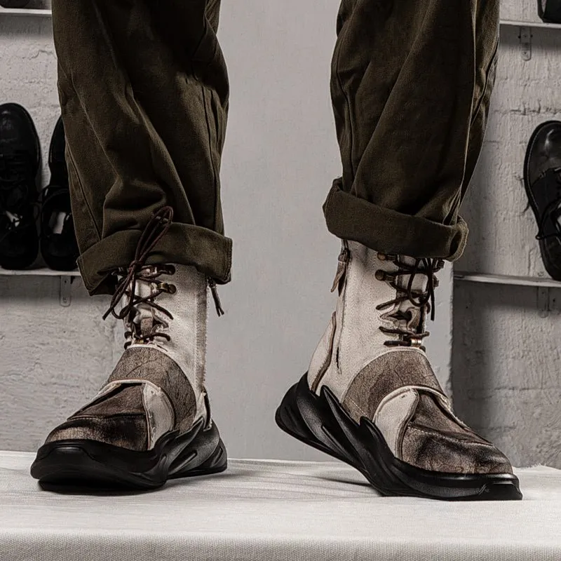 Vintage canvas leather work boots lace-free men's shoes