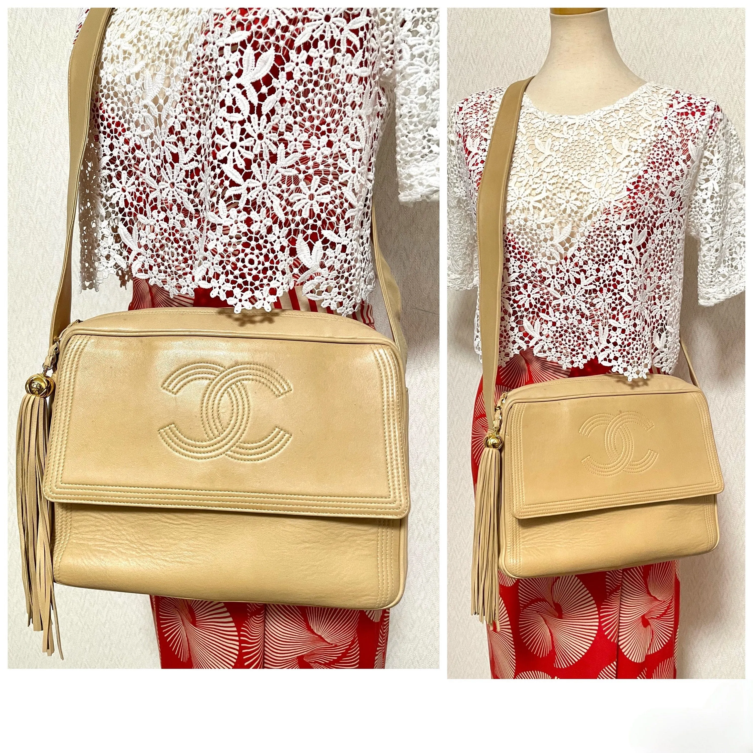 Vintage CHANEL beige lamb leather camera bag style chain shoulder purse with gold tone chain strap and fringe. CC stitch mark. 060123ac4