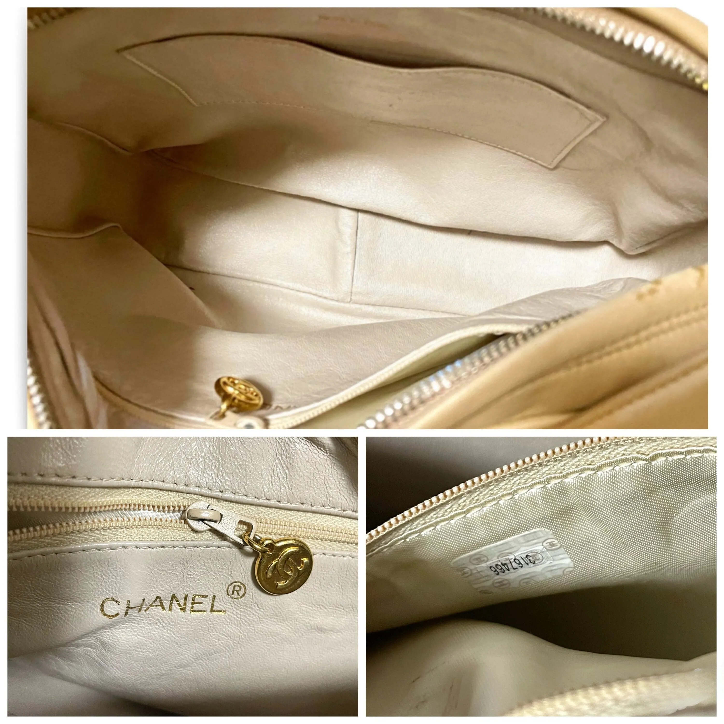 Vintage CHANEL beige lamb leather camera bag style chain shoulder purse with gold tone chain strap and fringe. CC stitch mark. 060123ac4