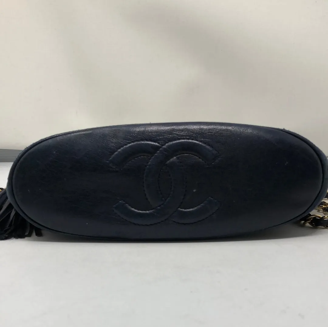 Vintage: Chanel navy lambskin top flab shoulder bag with gold hardware and tassle