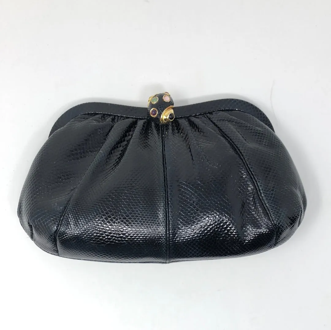 Vintage: Judith Leiber Snakeskin Black Shoulder Bag with Snail Charm Clasp