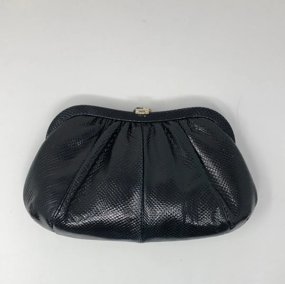 Vintage: Judith Leiber Snakeskin Black Shoulder Bag with Snail Charm Clasp