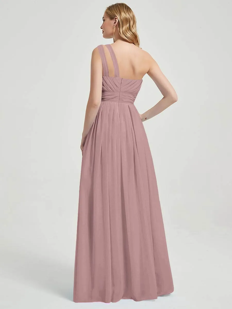 Vintage Mauve One Shoulder A-Line Floor Length Chiffon Bridesmaid Dress