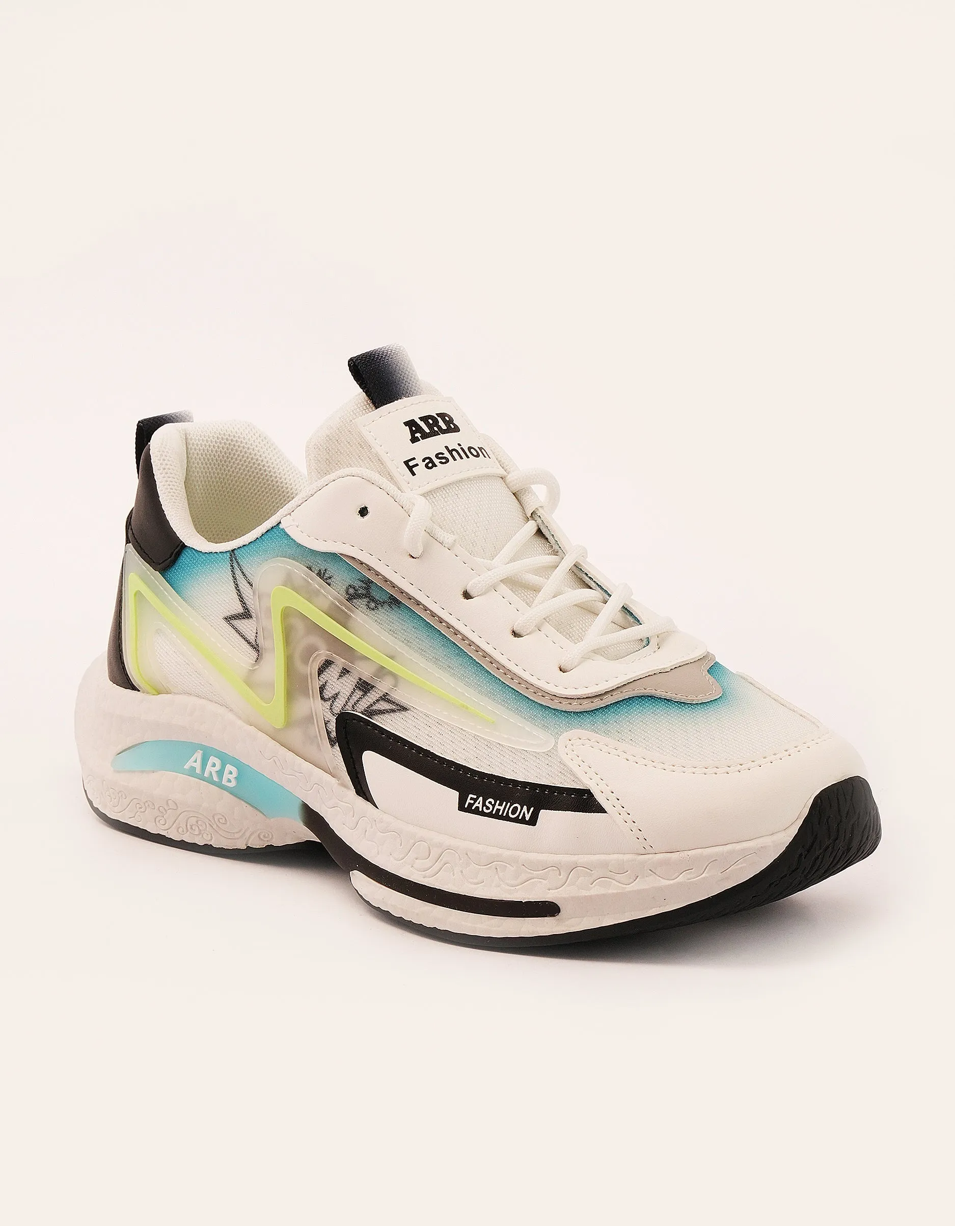 White High Medicated Men's Sneakers with Rainbow Yellow & Blue Line Design