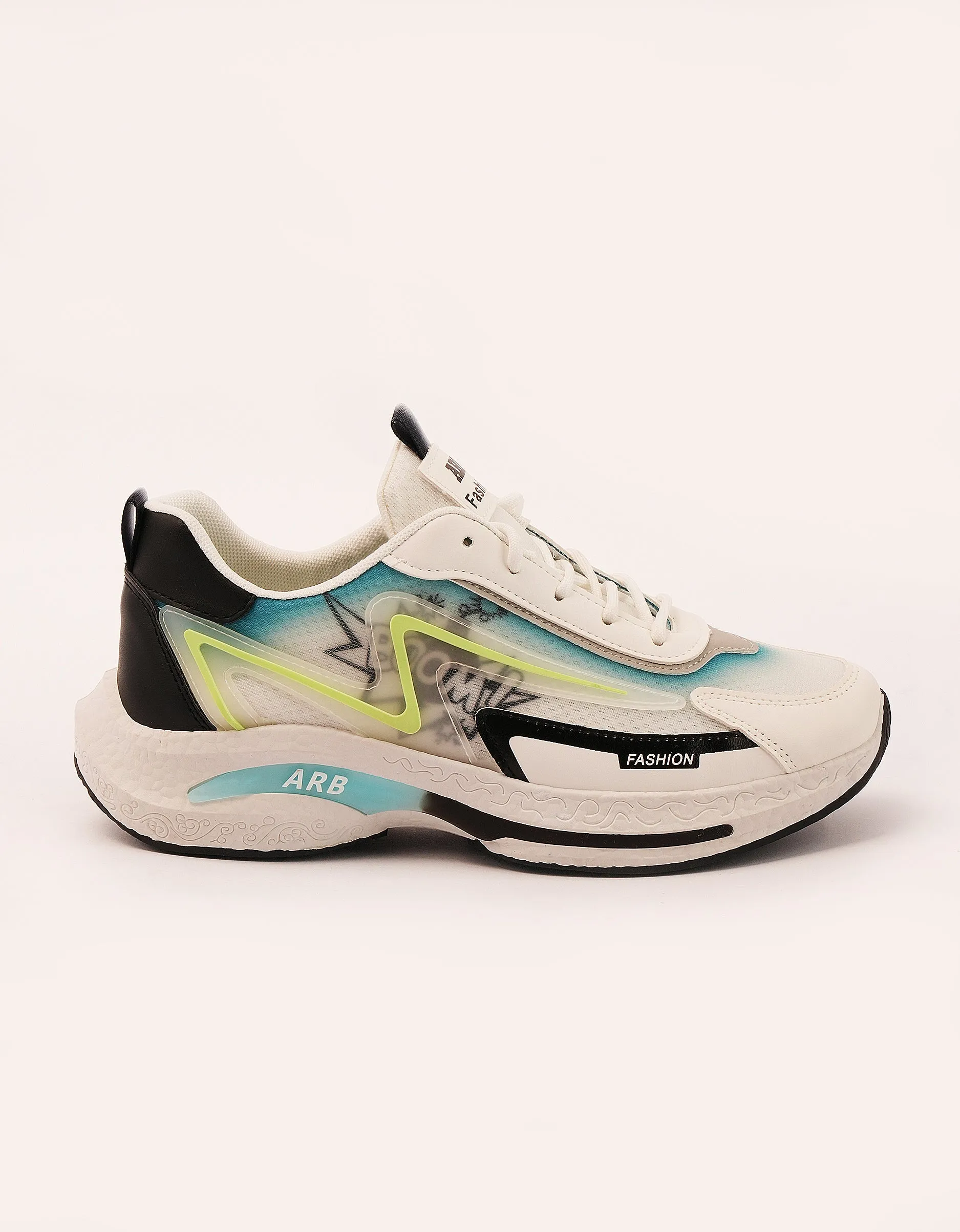 White High Medicated Men's Sneakers with Rainbow Yellow & Blue Line Design