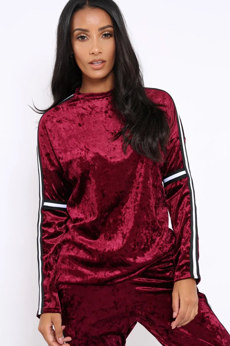 Wine Velvet Striped Trim Co-ord Set - Beau