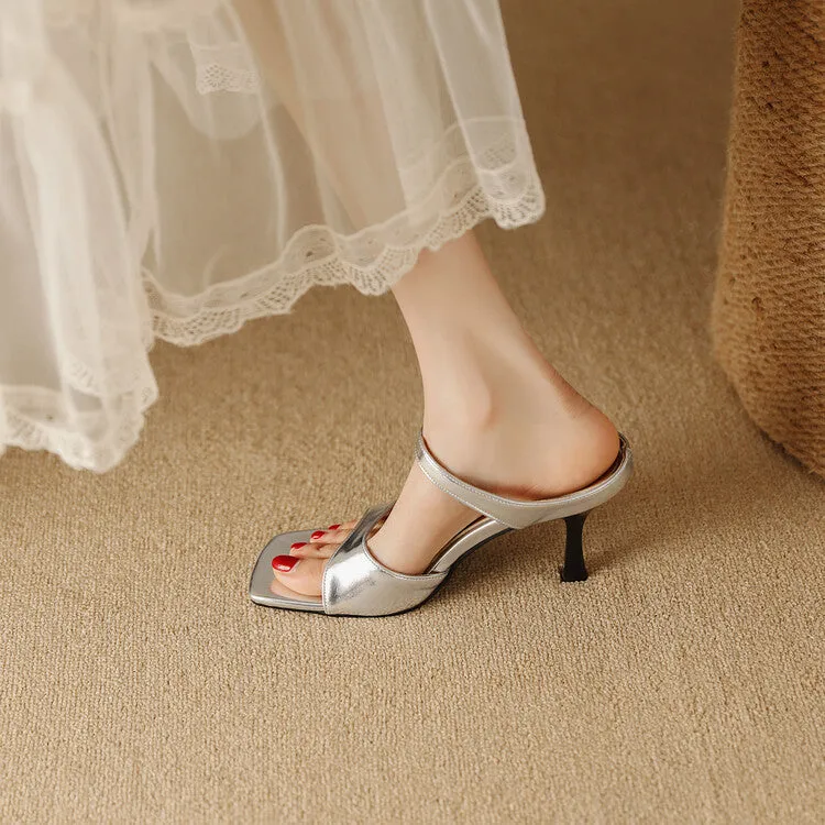 Women's Metal Patent Buckle Straps Spool Heel Slip On Slides Sandals