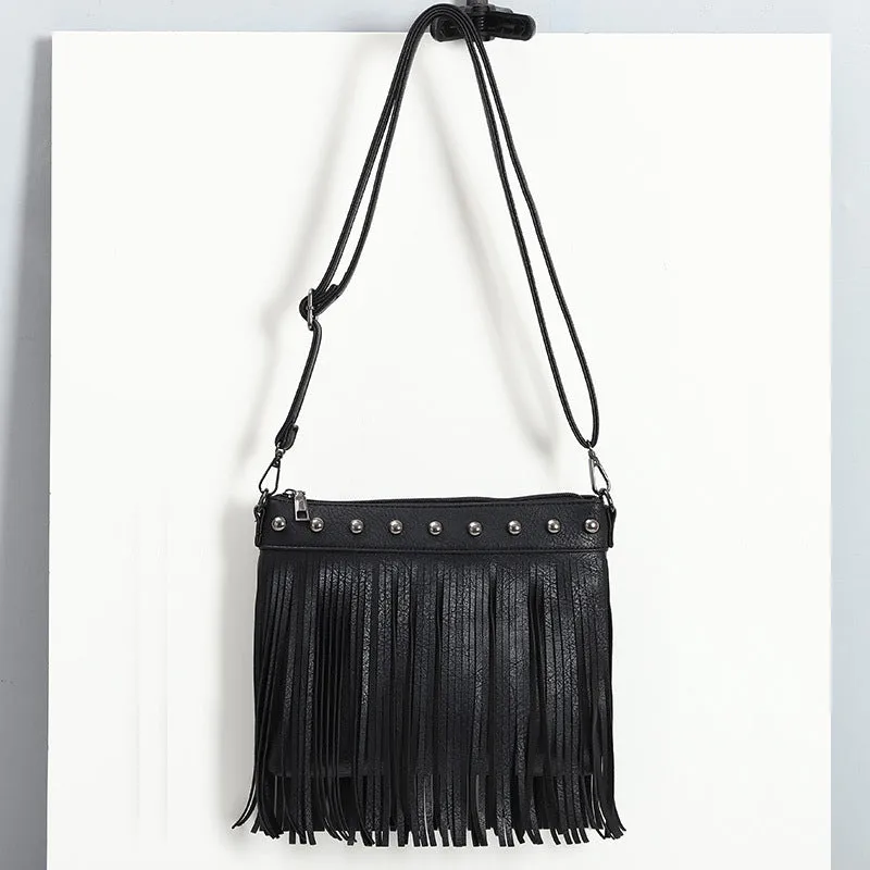Women's Trendy Fashion Soft Leather Rivet Tassel Bags