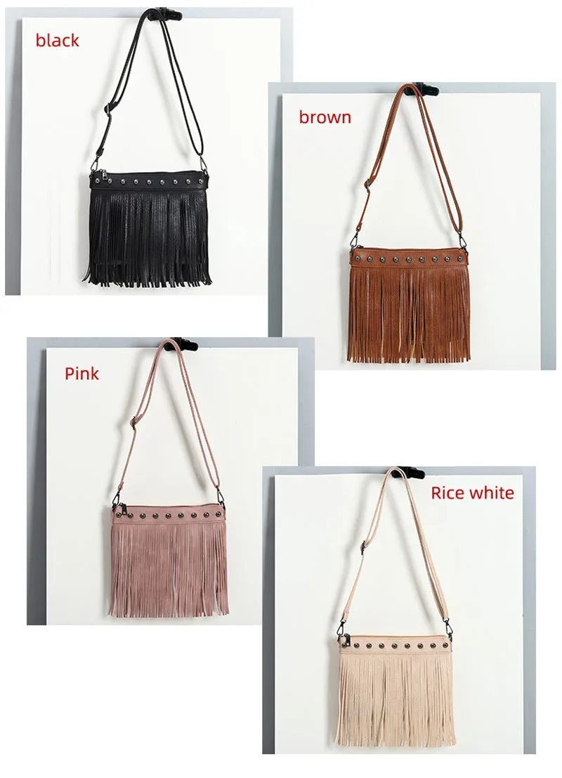 Women's Trendy Fashion Soft Leather Rivet Tassel Bags