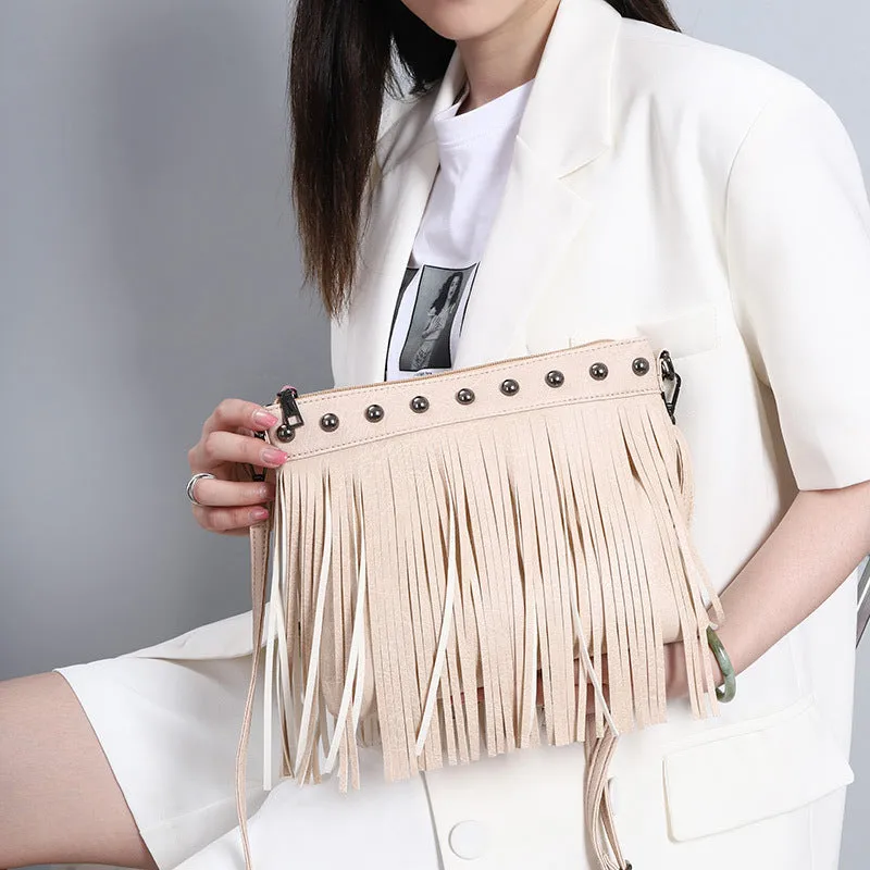 Women's Trendy Fashion Soft Leather Rivet Tassel Bags